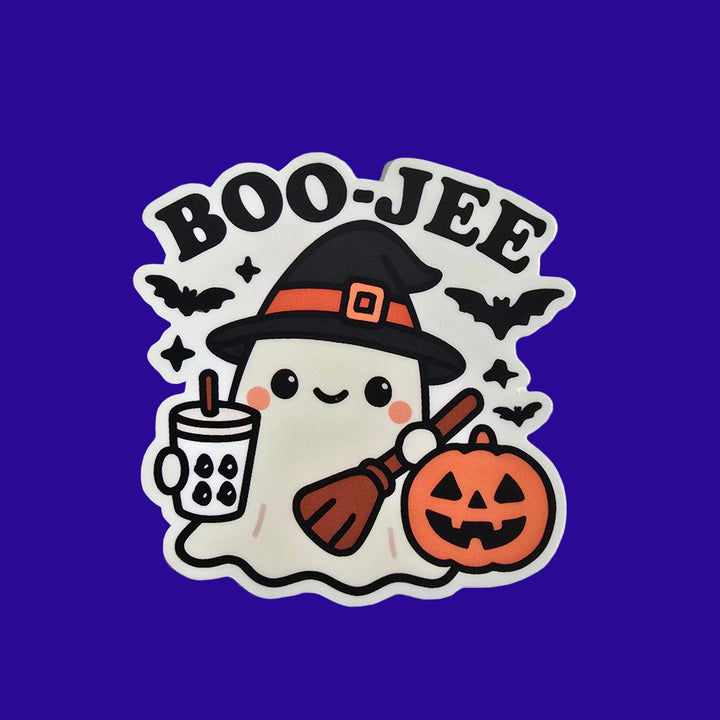 BOO-JEE Ghost Sticker – Cute Halloween Witch with Boba Tea Vinyl Decal (3") - Designs by Mysh