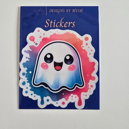 Cute rainbow ghost sticker with smiling face, blushing cheeks, and colorful pink and blue watercolor splash background.