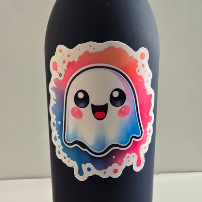 Black cylindrical object with a colorful sticker featuring a cartoon face on a white background
