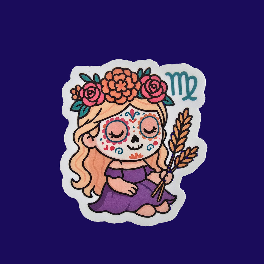 Virgo Sugar Skull Girl – Dia de los Muertos Zodiac Sticker | 3-Inch Die Cut Vinyl - Designs by Mysh