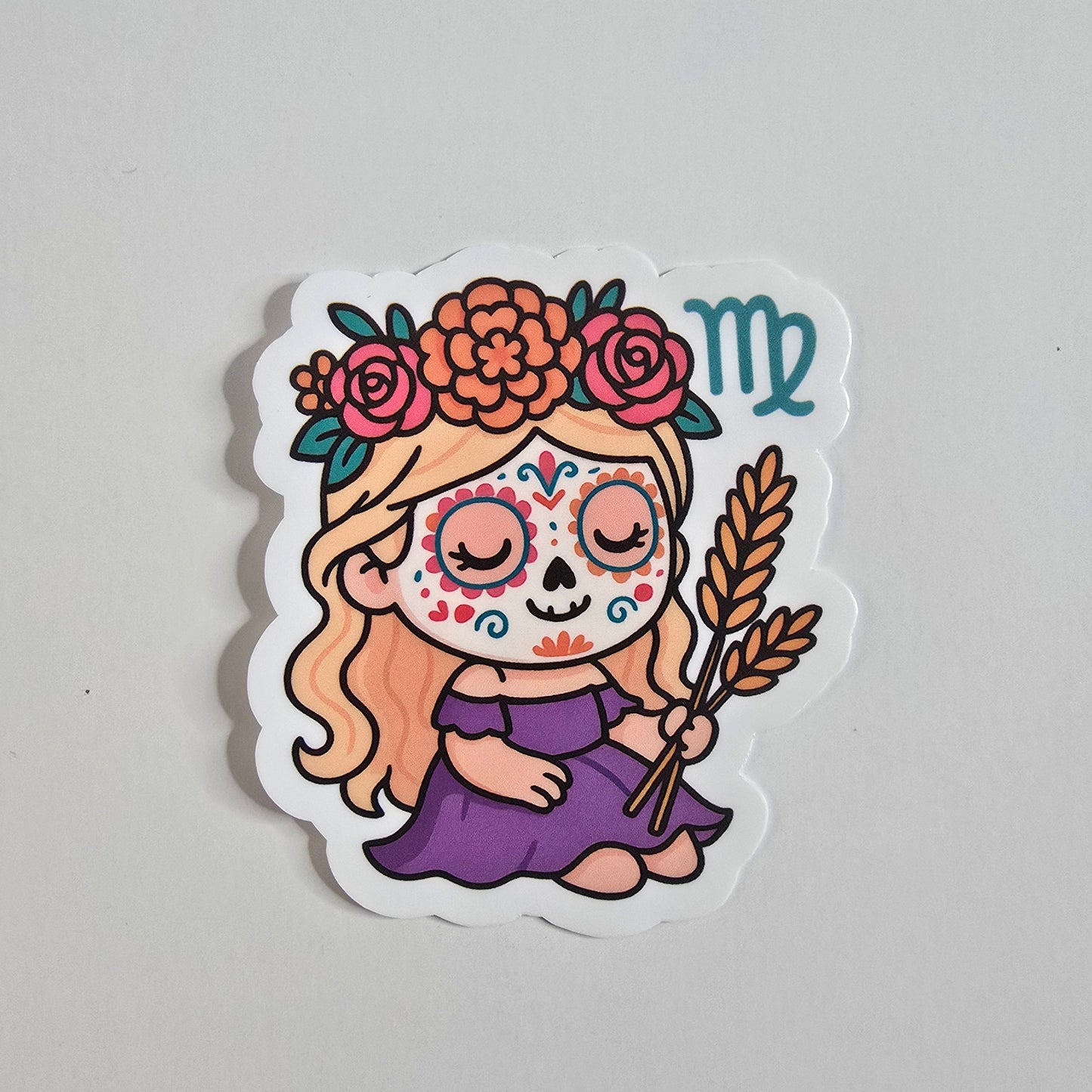 Virgo Sugar Skull Girl – Dia de los Muertos Zodiac Sticker | 3-Inch Die Cut Vinyl - Designs by Mysh