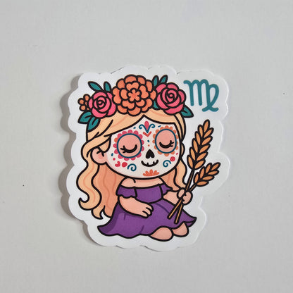 Virgo Sugar Skull Girl – Dia de los Muertos Zodiac Sticker | 3-Inch Die Cut Vinyl - Designs by Mysh