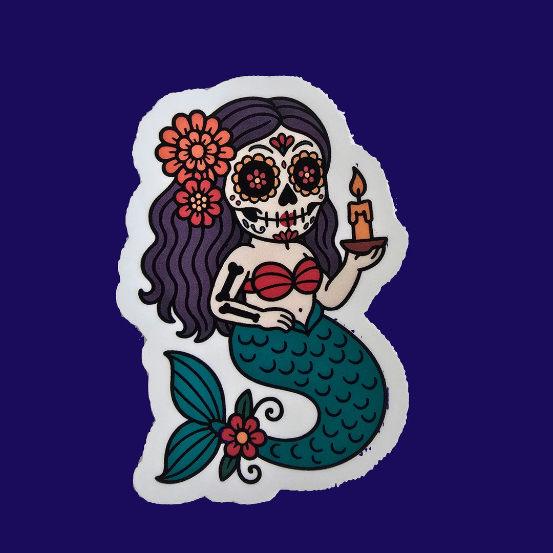 Sugar Skull Mermaid Sticker – Dia de los Muertos Vinyl Decal | 3-Inch Die Cut - Designs by Mysh