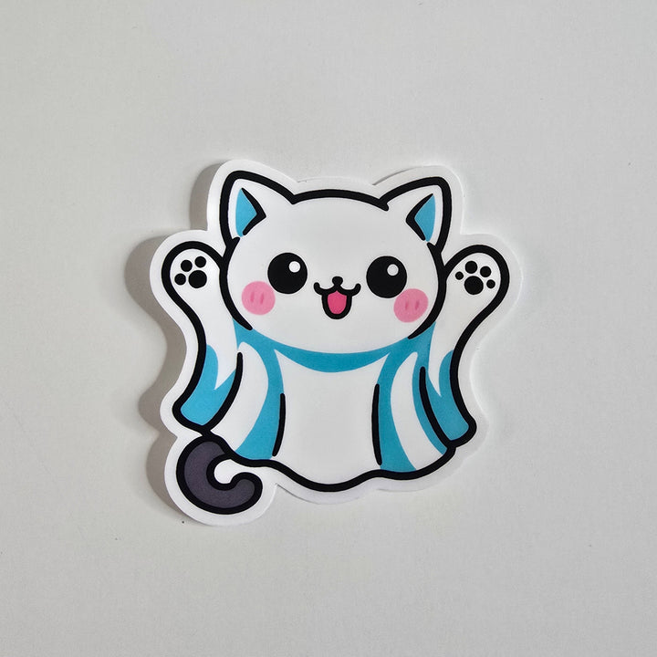 Ghost Cat Halloween Sticker, Kawaii Cat in Costume Decal, Cute Spooky Season Vinyl, White Cat Ghost Planner Sticker - Designs by Mysh