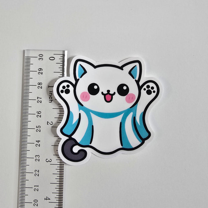Ghost Cat Halloween Sticker, Kawaii Cat in Costume Decal, Cute Spooky Season Vinyl, White Cat Ghost Planner Sticker - Designs by Mysh