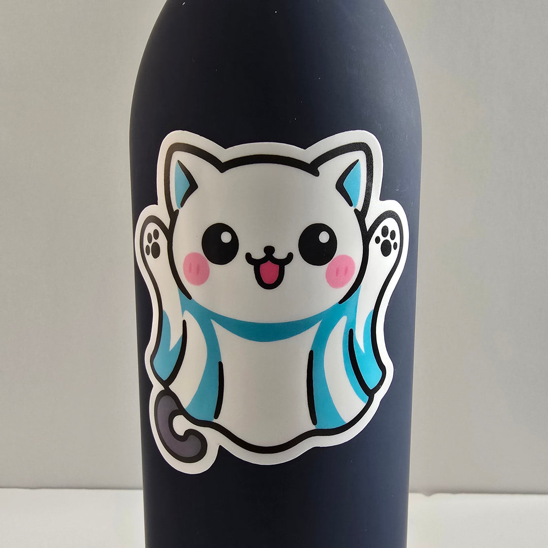 Ghost Cat Halloween Sticker, Kawaii Cat in Costume Decal, Cute Spooky Season Vinyl, White Cat Ghost Planner Sticker - Designs by Mysh