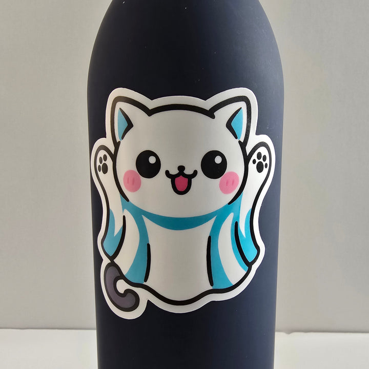 Ghost Cat Halloween Sticker, Kawaii Cat in Costume Decal, Cute Spooky Season Vinyl, White Cat Ghost Planner Sticker - Designs by Mysh