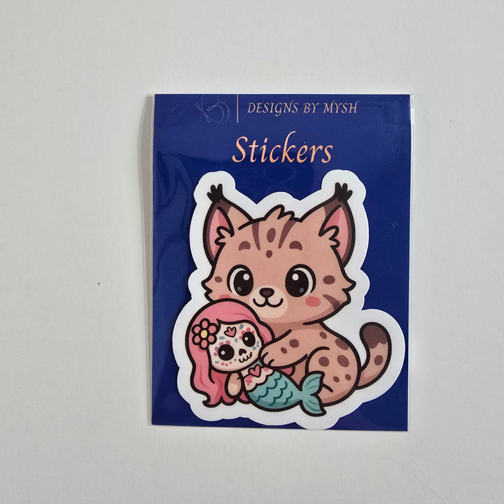 Lynx Hugging Mermaid Sticker – Cute Dia de los Muertos Animal Vinyl Decal | 3-Inch Die Cut - Designs by Mysh