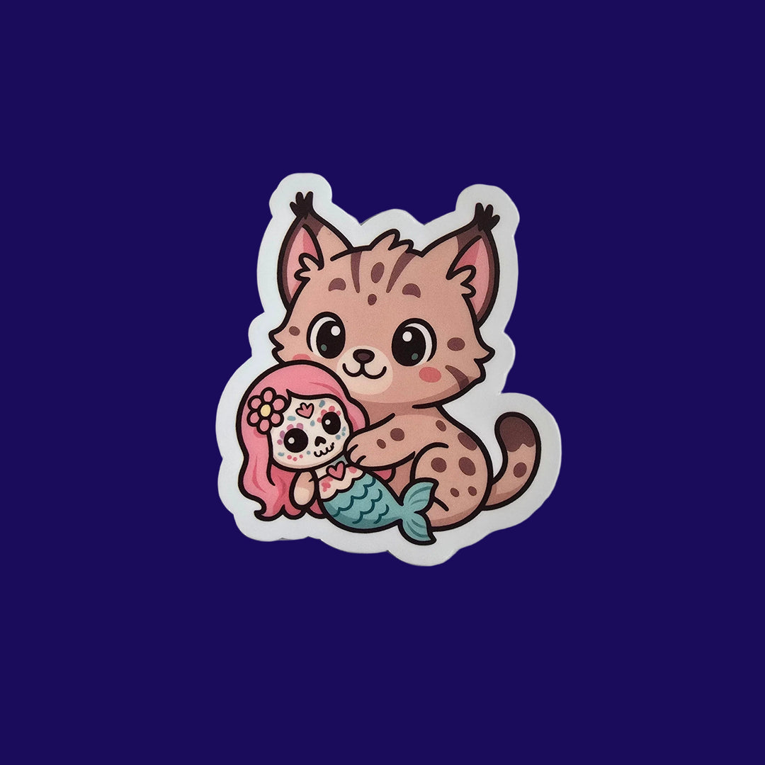 Lynx Hugging Mermaid Sticker – Cute Dia de los Muertos Animal Vinyl Decal | 3-Inch Die Cut - Designs by Mysh