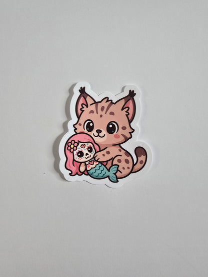 Lynx Hugging Mermaid Sticker – Cute Dia de los Muertos Animal Vinyl Decal | 3-Inch Die Cut