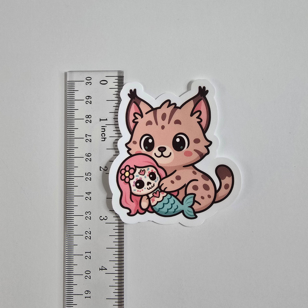 Lynx Hugging Mermaid Sticker – Cute Dia de los Muertos Animal Vinyl Decal | 3-Inch Die Cut - Designs by Mysh