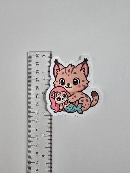 Lynx Hugging Mermaid Sticker – Cute Dia de los Muertos Animal Vinyl Decal | 3-Inch Die Cut
