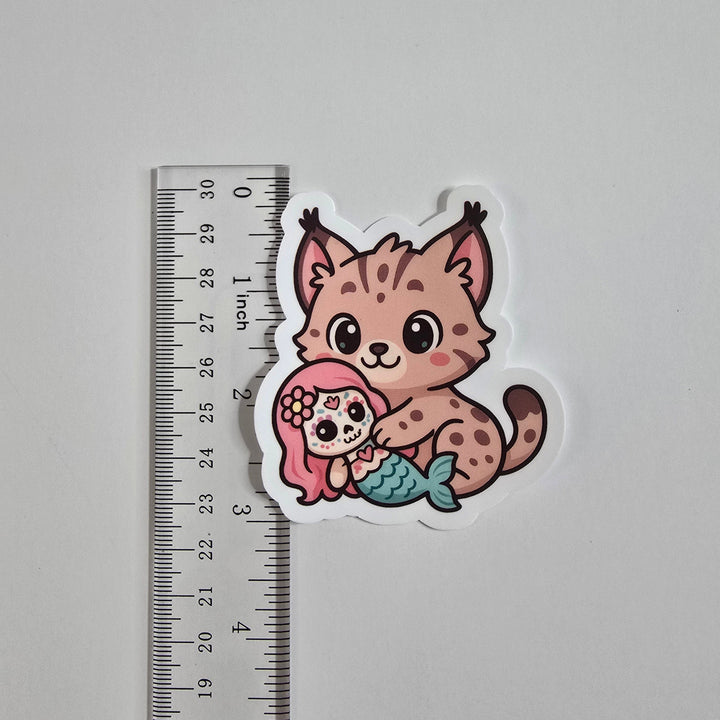 Lynx Hugging Mermaid Sticker – Cute Dia de los Muertos Animal Vinyl Decal | 3-Inch Die Cut - Designs by Mysh