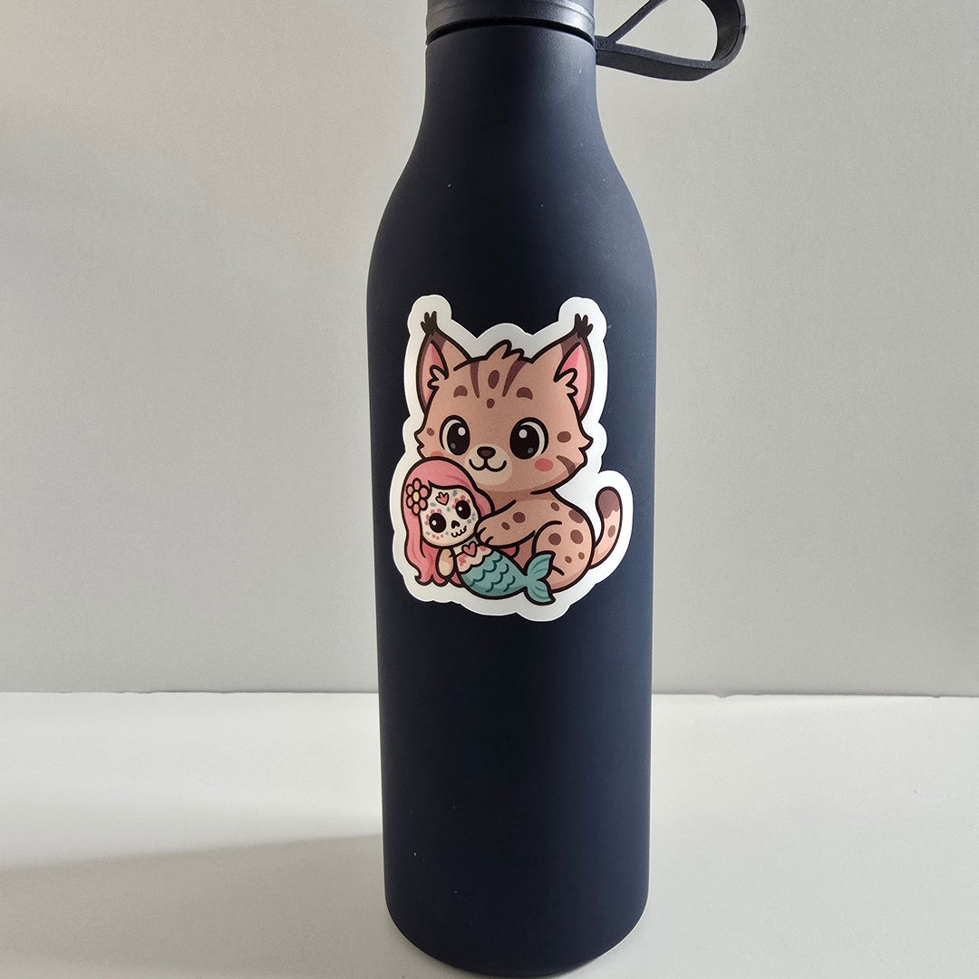 Lynx Hugging Mermaid Sticker – Cute Dia de los Muertos Animal Vinyl Decal | 3-Inch Die Cut - Designs by Mysh