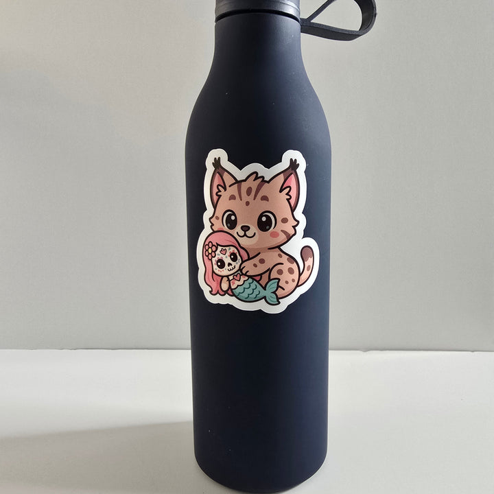 Lynx Hugging Mermaid Sticker – Cute Dia de los Muertos Animal Vinyl Decal | 3-Inch Die Cut - Designs by Mysh