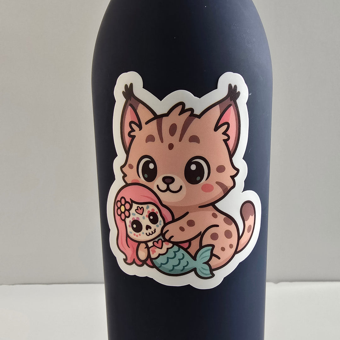 Lynx Hugging Mermaid Sticker – Cute Dia de los Muertos Animal Vinyl Decal | 3-Inch Die Cut - Designs by Mysh