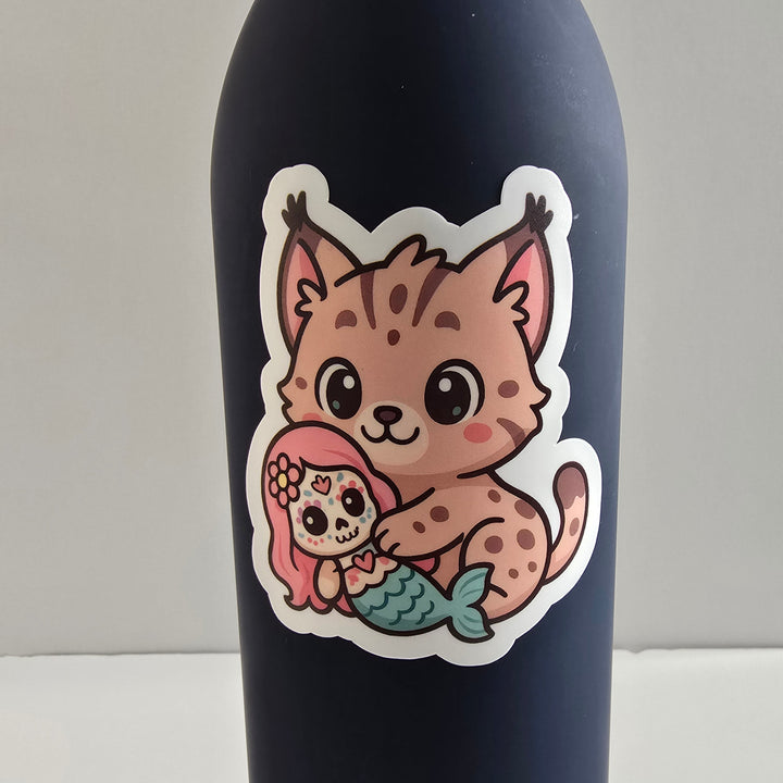 Lynx Hugging Mermaid Sticker – Cute Dia de los Muertos Animal Vinyl Decal | 3-Inch Die Cut - Designs by Mysh
