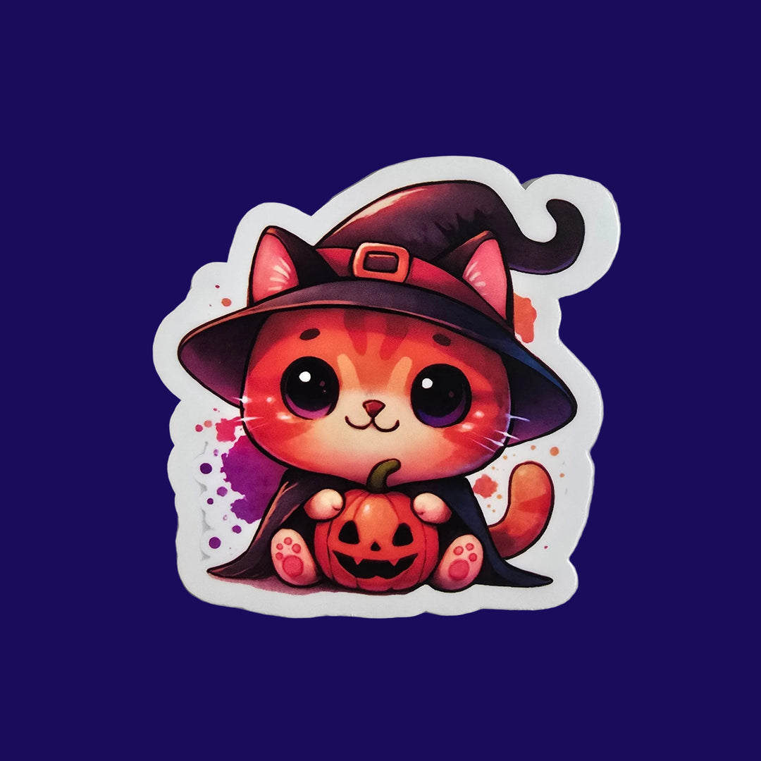 Halloween Witch Cat Sticker – Cute Orange Kitty with Pumpkin | 3-Inch Vinyl Die Cut - Designs by Mysh