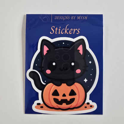 Cute Halloween Cat Sticker, Kawaii Black Cat Pumpkin Sticker, Fall Aesthetic Vinyl Decal, Spooky Season Planner Decor - Designs by Mysh