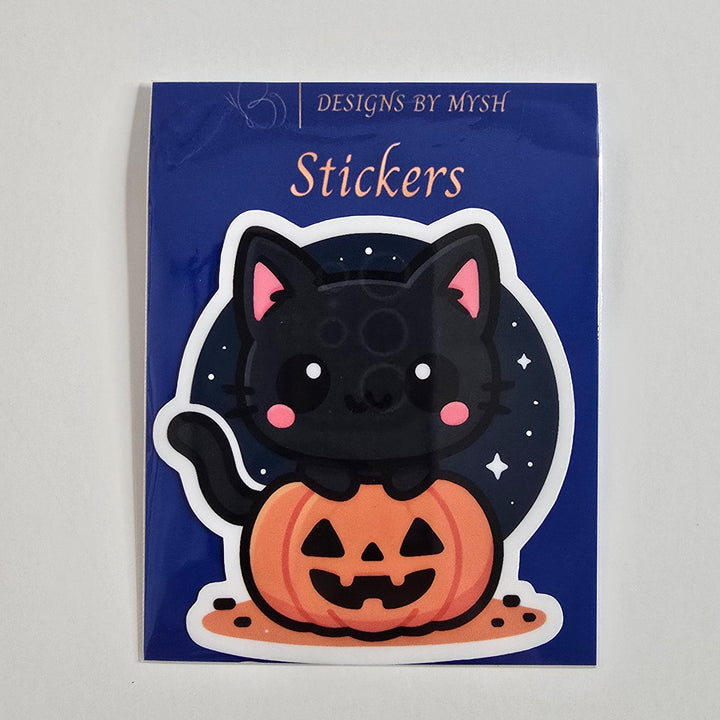 Cute Halloween Cat Sticker, Kawaii Black Cat Pumpkin Sticker, Fall Aesthetic Vinyl Decal, Spooky Season Planner Decor - Designs by Mysh