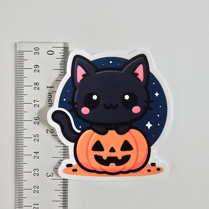 Cute Halloween Cat Sticker, Kawaii Black Cat Pumpkin Sticker, Fall Aesthetic Vinyl Decal, Spooky Season Planner Decor - Designs by Mysh