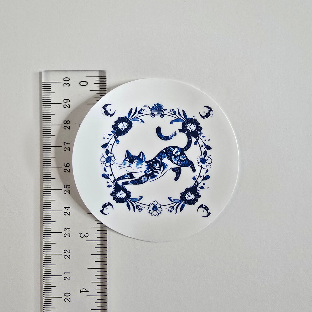 Blue Floral Cat Sticker – Elegant Watercolor-Inspired Vinyl Decal (3") - Designs by Mysh