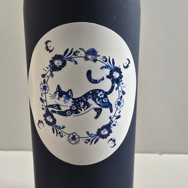 Blue Floral Cat Sticker – Elegant Watercolor-Inspired Vinyl Decal (3") - Designs by Mysh