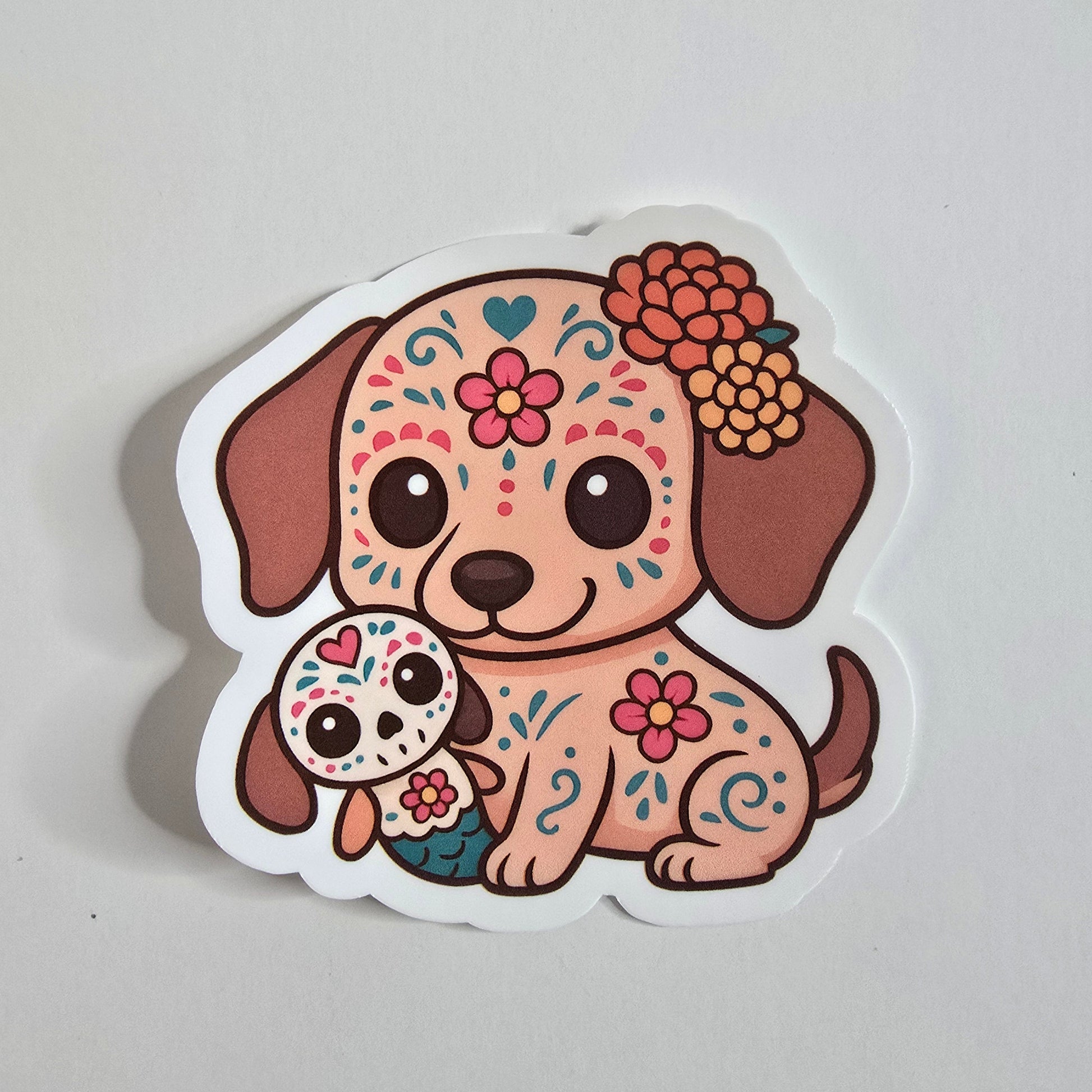 Day of the Dead Dog Sticker – Cute Sugar Skull Puppy Vinyl Decal (3") - Designs by Mysh