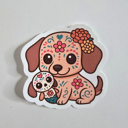 Day of the Dead Dog Sticker – Cute Sugar Skull Puppy Vinyl Decal (3") - Designs by Mysh