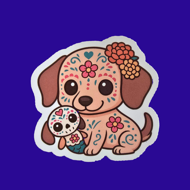 Day of the Dead Dog Sticker – Cute Sugar Skull Puppy Vinyl Decal (3") - Designs by Mysh
