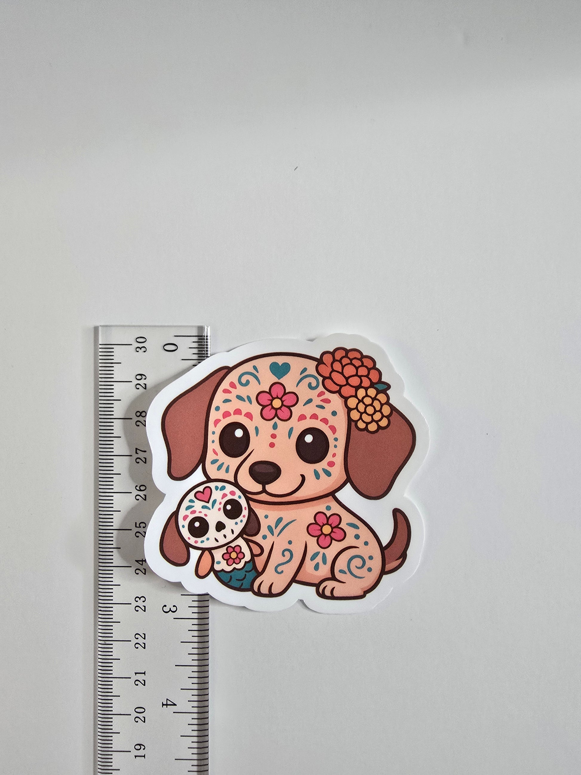 Day of the Dead Dog Sticker – Cute Sugar Skull Puppy Vinyl Decal (3") - Designs by Mysh