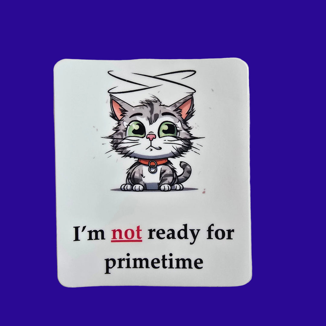 Not Ready for Primetime Cat Sticker – Funny Cat with Halo Vinyl Decal (3") - Designs by Mysh
