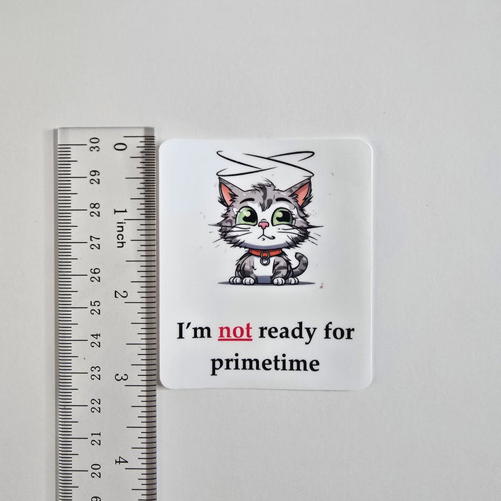 Not Ready for Primetime Cat Sticker – Funny Cat with Halo Vinyl Decal (3") - Designs by Mysh