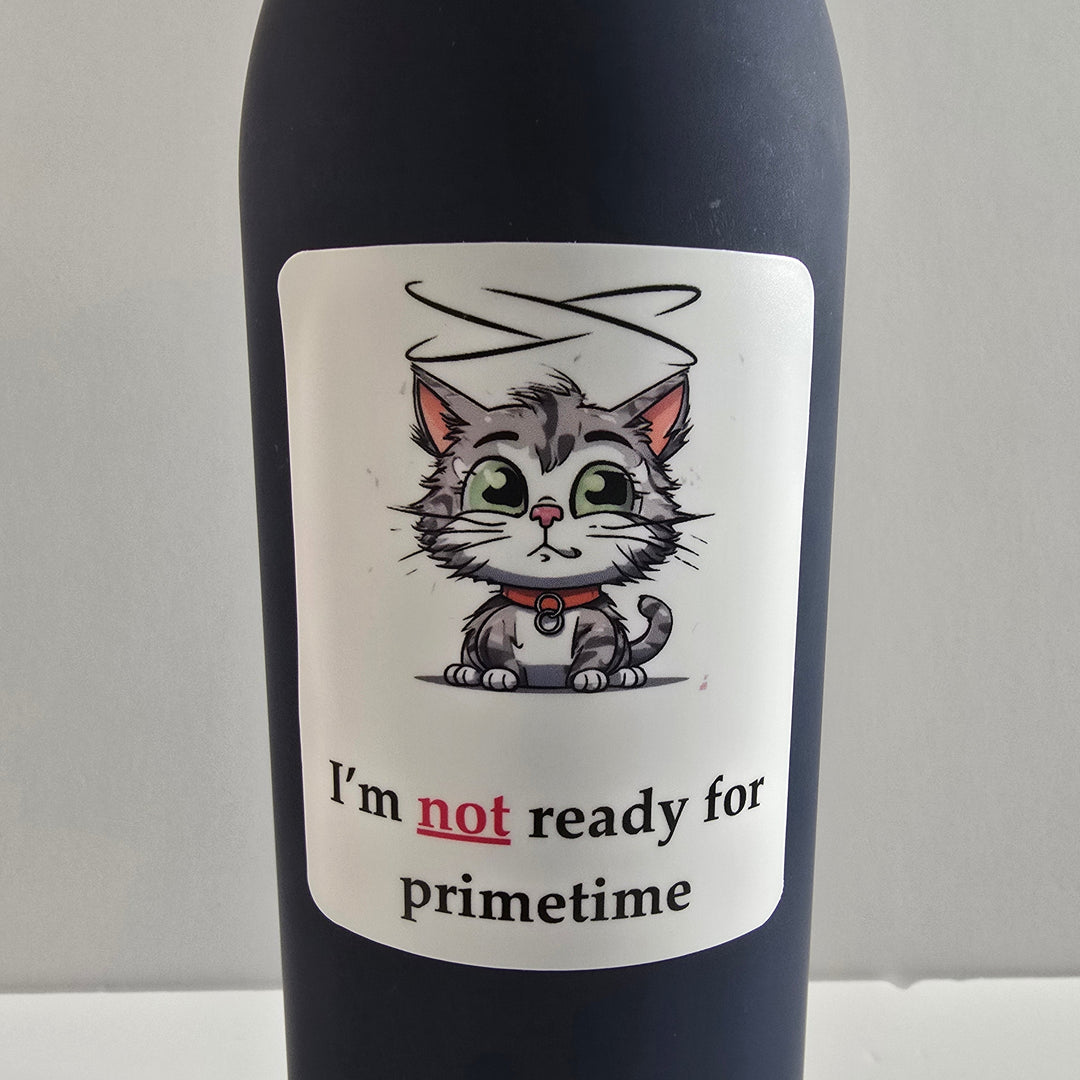 Not Ready for Primetime Cat Sticker – Funny Cat with Halo Vinyl Decal (3") - Designs by Mysh