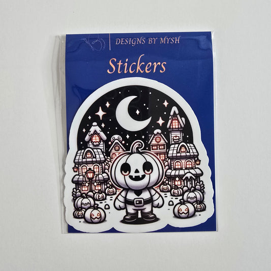 Pumpkin Town Halloween Sticker – Cute Jack-o'-lantern Character in Spooky Village