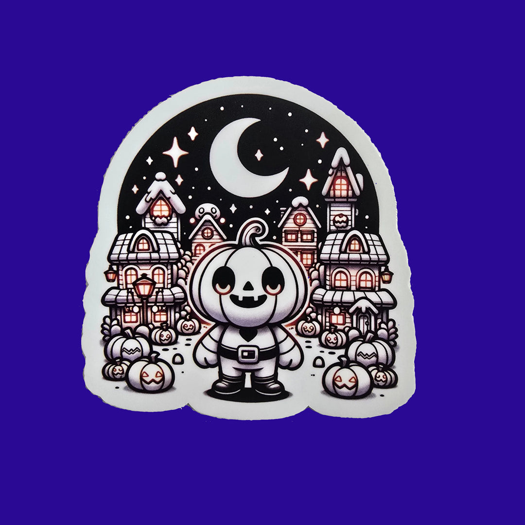 Pumpkin Town Halloween Sticker – Cute Pumpkin Head Character in Spooky Village (3") - Designs by Mysh