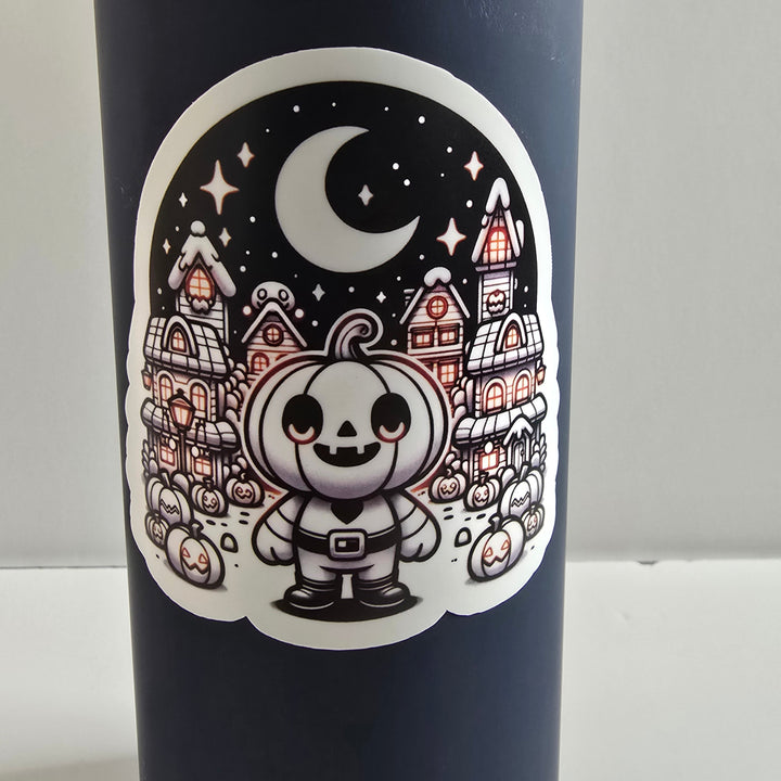 Pumpkin Town Halloween Sticker – Cute Pumpkin Head Character in Spooky Village (3") - Designs by Mysh