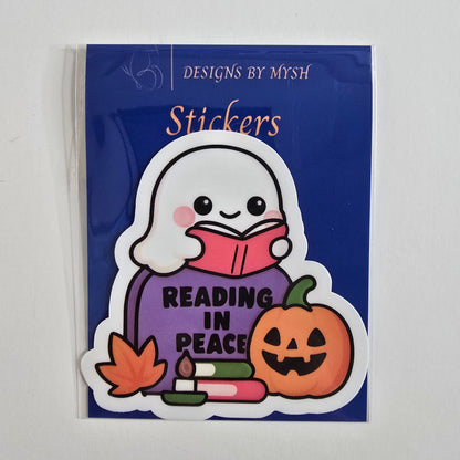 Reading in Peace Sticker, Halloween Ghost Book Lover Decal, Cozy Fall Vinyl Sticker, Kawaii Spooky Reading Sticker - Designs by Mysh