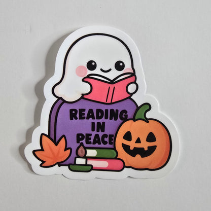 Reading in Peace Sticker, Halloween Ghost Book Lover Decal, Cozy Fall Vinyl Sticker, Kawaii Spooky Reading Sticker - Designs by Mysh