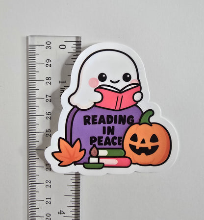 Reading in Peace Sticker, Halloween Ghost Book Lover Decal, Cozy Fall Vinyl Sticker, Kawaii Spooky Reading Sticker - Designs by Mysh