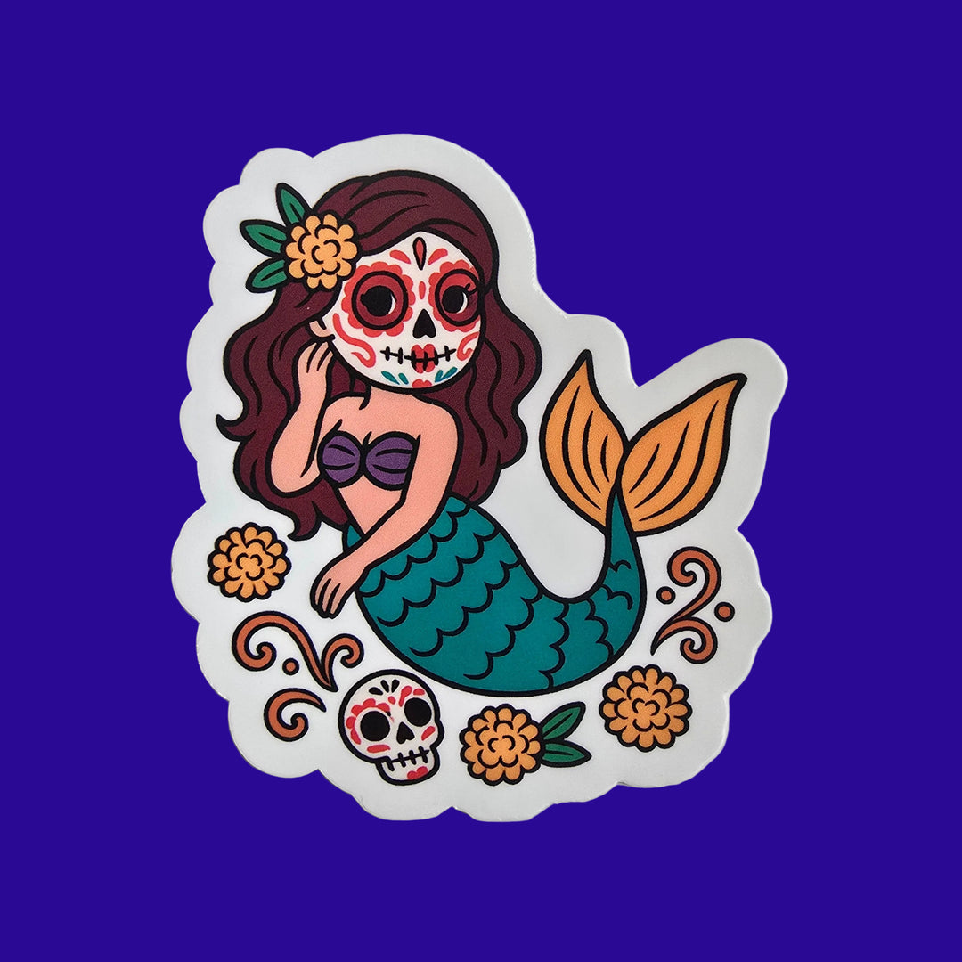 Day of the Dead Mermaid Sticker – Día de los Muertos Mermaid Art (3") - Designs by Mysh