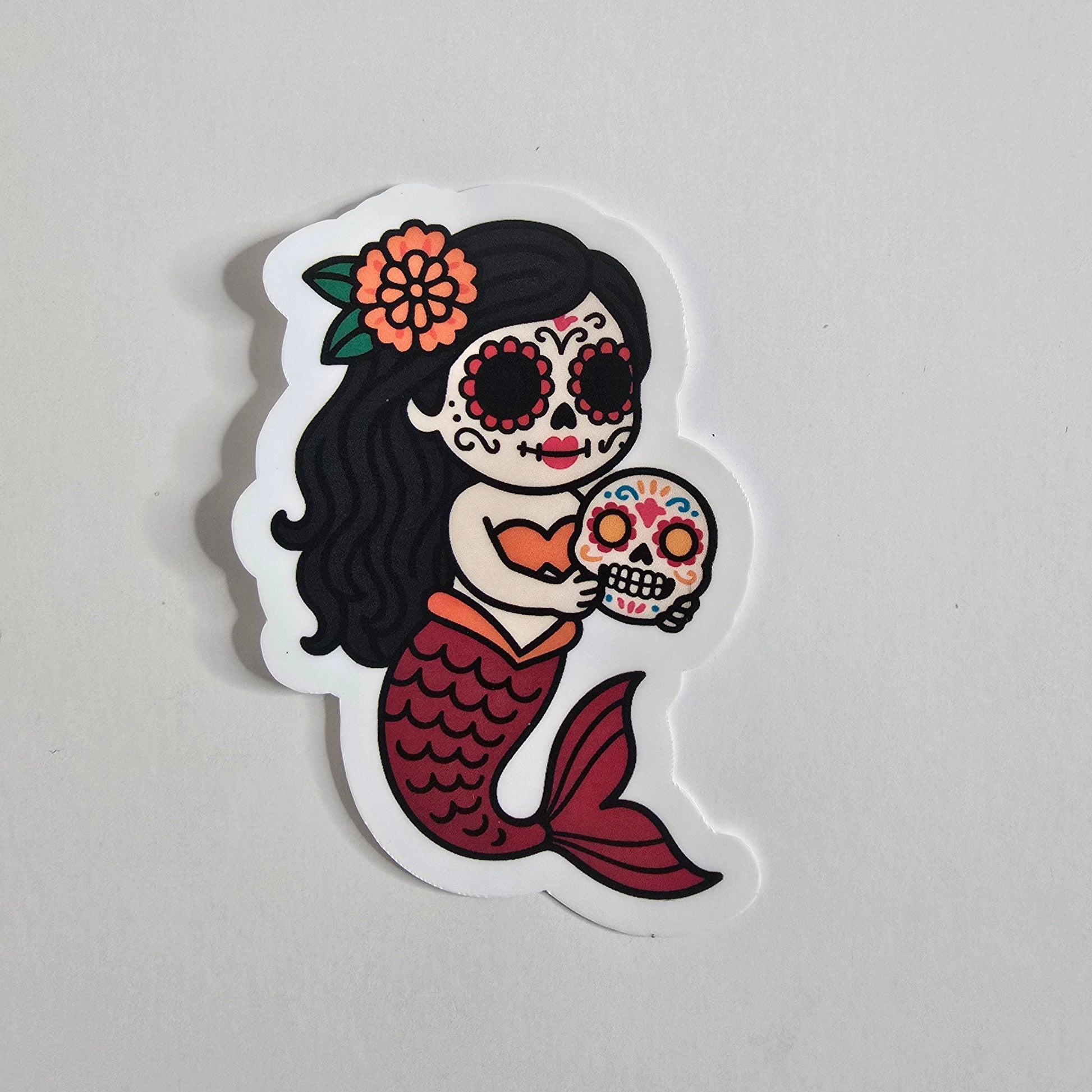 Day of the Dead Red Mermaid Sticker – Dia de los Muertos Mermaid Vinyl Die Cut (3”) - Designs by Mysh