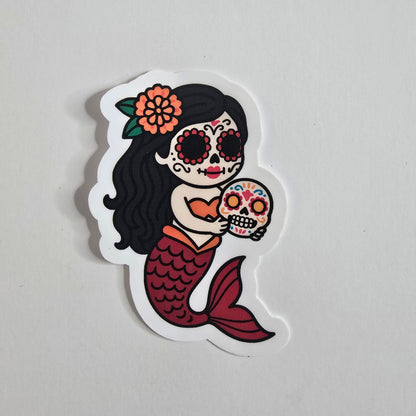 Day of the Dead Red Mermaid Sticker – Dia de los Muertos Mermaid Vinyl Die Cut (3”) - Designs by Mysh