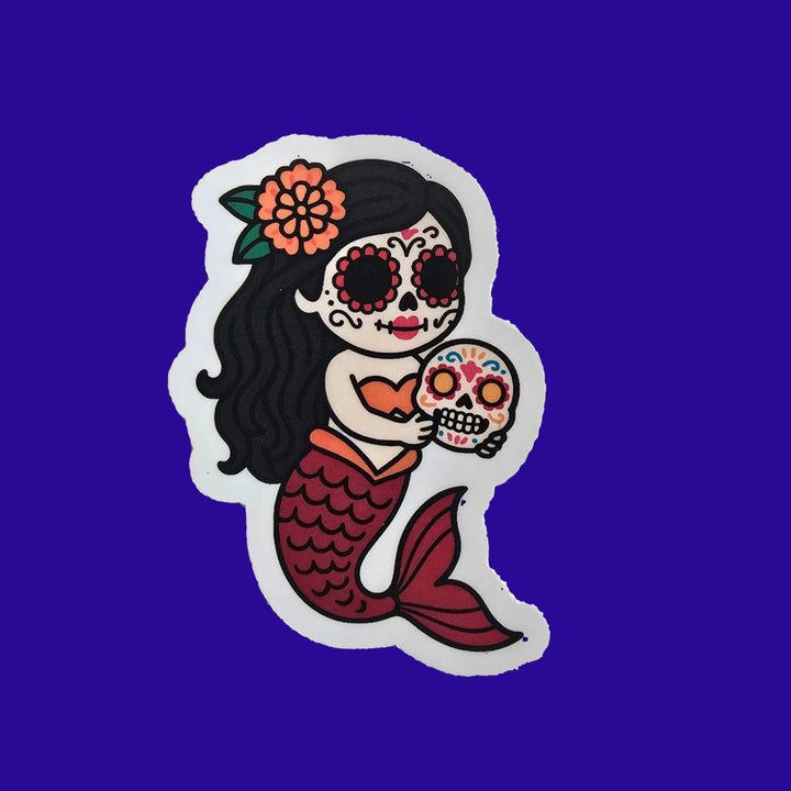 Day of the Dead Red Mermaid Sticker – Dia de los Muertos Mermaid Vinyl Die Cut (3”) - Designs by Mysh