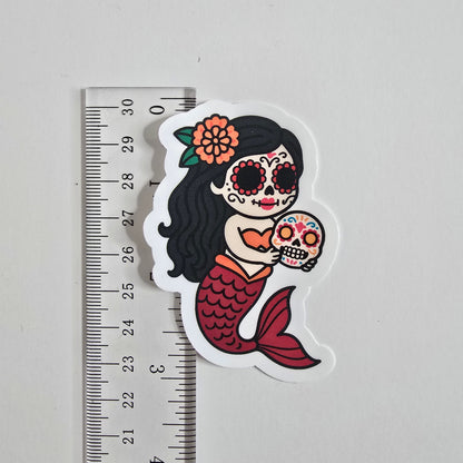 Day of the Dead Red Mermaid Sticker – Dia de los Muertos Mermaid Vinyl Die Cut (3”) - Designs by Mysh
