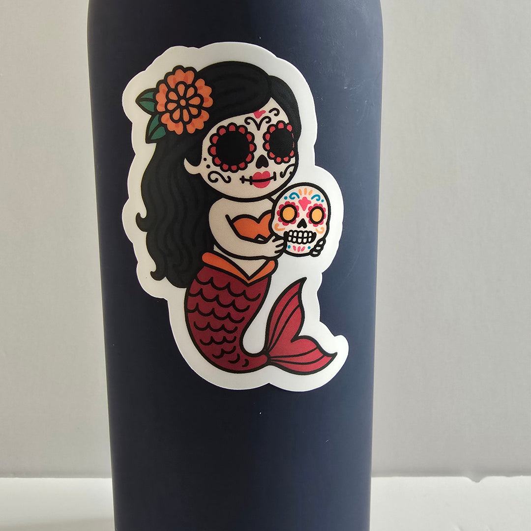 Day of the Dead Red Mermaid Sticker – Dia de los Muertos Mermaid Vinyl Die Cut (3”) - Designs by Mysh