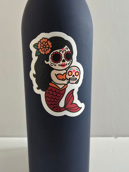 Day of the Dead Red Mermaid Sticker – Dia de los Muertos Mermaid Vinyl Die Cut (3”) - Designs by Mysh