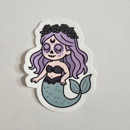 Pastel Goth Mermaid Sticker – Día de los Muertos Mermaid with Lavender Hair (3") - Designs by Mysh