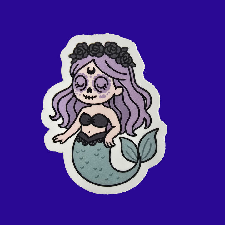 Pastel Goth Mermaid Sticker – Día de los Muertos Mermaid with Lavender Hair (3") - Designs by Mysh