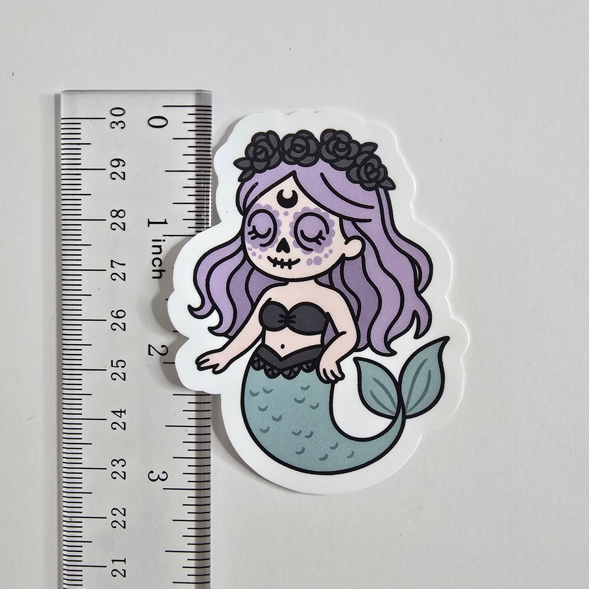 Pastel Goth Mermaid Sticker – Día de los Muertos Mermaid with Lavender Hair (3") - Designs by Mysh